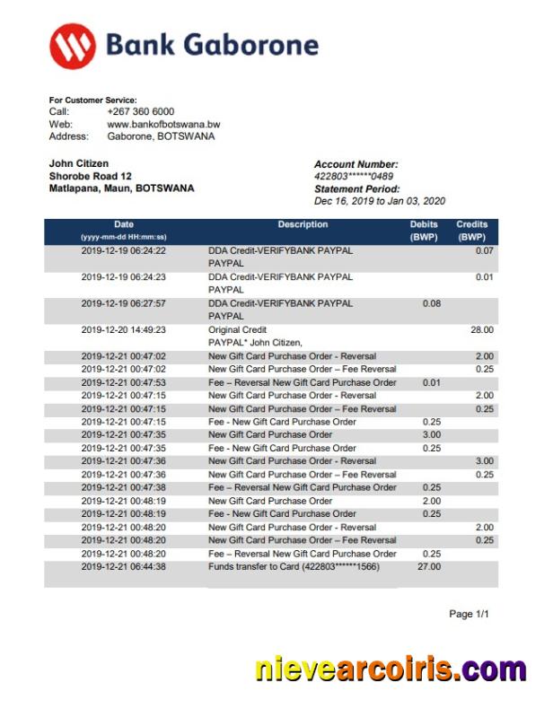 Botswana Bank Gaborone bank statement